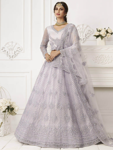 Lavender Heavy Thread Coding Work Net Bridal Lehenga Choli